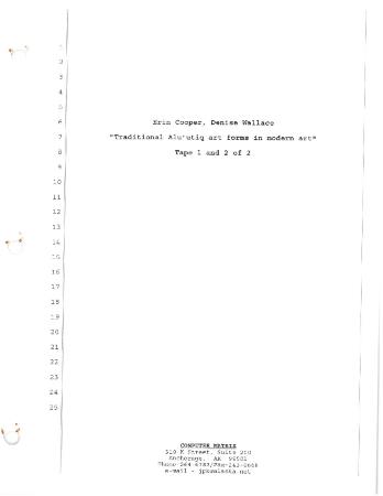 Erin Cooper, Denise Wallace "Traditional Alu'utiq art forms in modern art" Tape 1 and 2 of 2